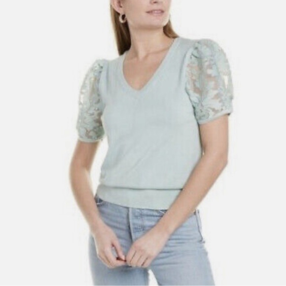 Joseph A Mint Green V-Neck Lace Puff Sleeve Blouse Size XL - Picture 1 of 9